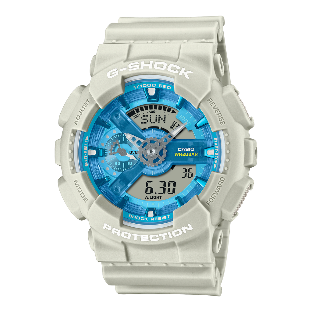 Digi Bear Casio G-Shock GA-110AS-5ADR watch with beige resin strap and vibrant blue analog-digital dial face