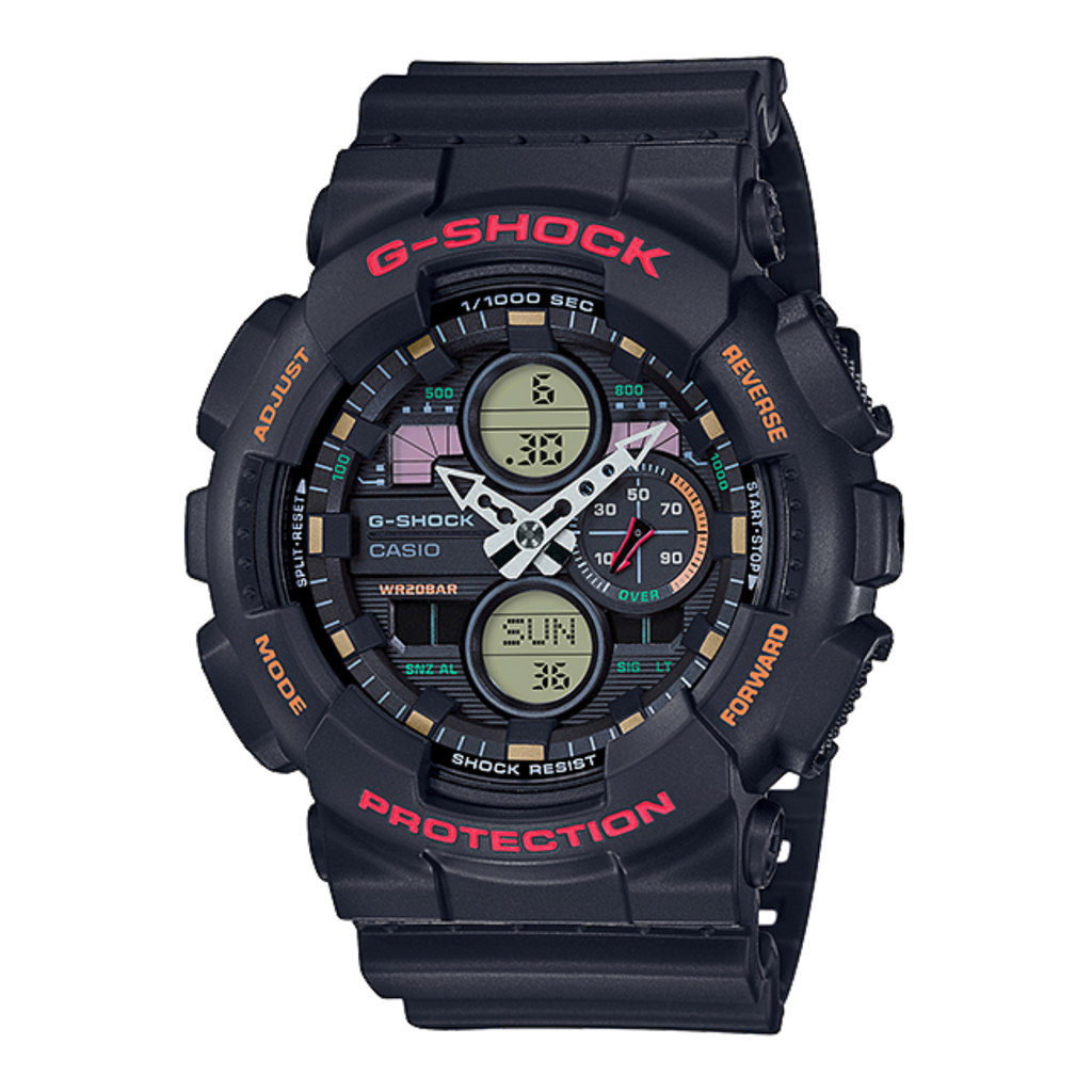 Digi Bear Casio G-Shock GA-140-1A4DR black resin sports watch with red accents and digital-analog display
