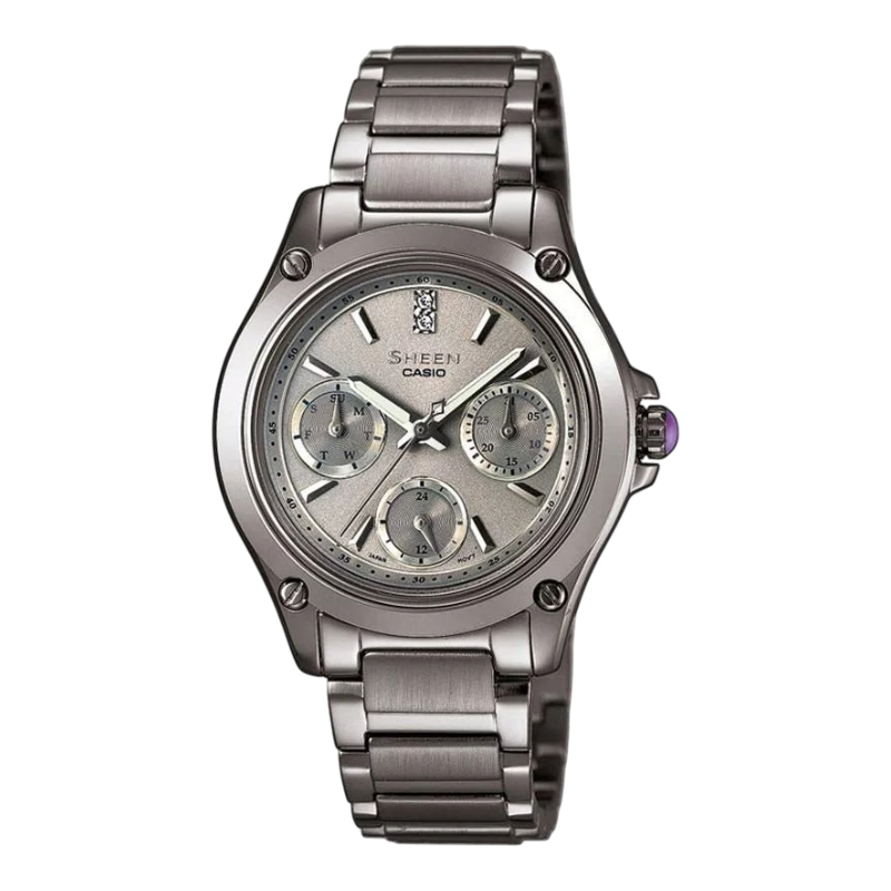 Digi Bear Casio Sheen SHE-3502BD-8AER women's watch in grey stainless steel with a multi-dial face and crystal detail