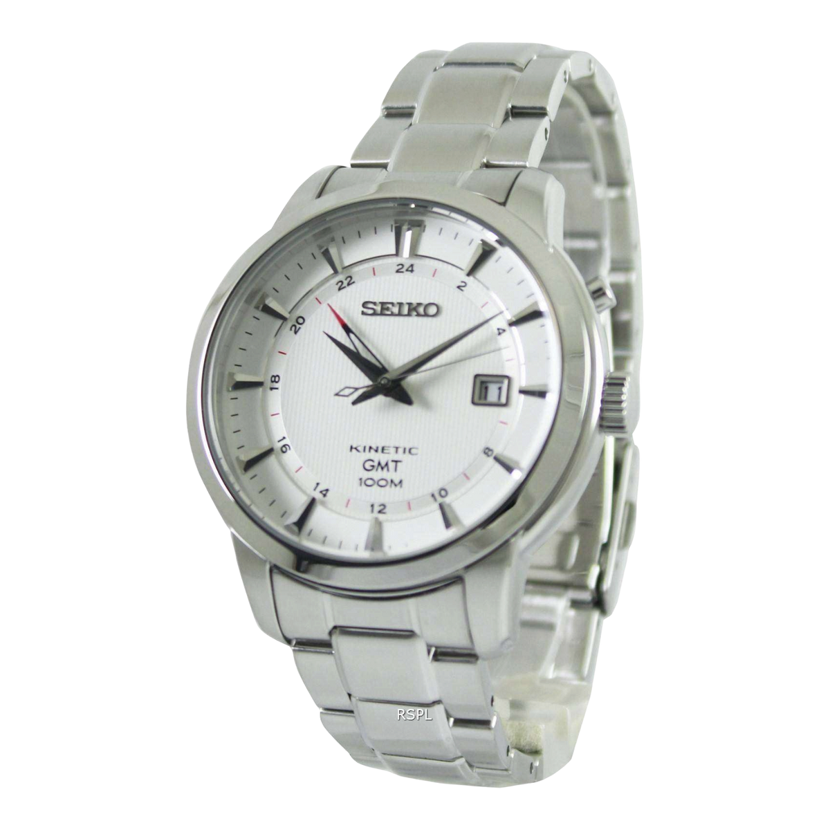 Digi Bear Seiko SUN029P1 Kinetic GMT watch with a white dial, stainless steel case, and silver link bracelet