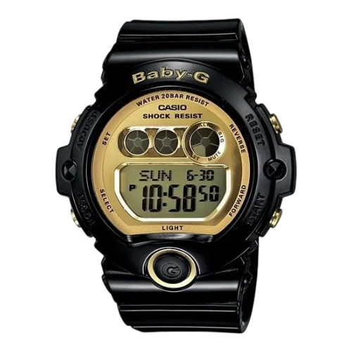 Digi Bear Casio Baby-G BG-6901-1DR women's black digital sports watch with a gold-toned face and shock resistance.