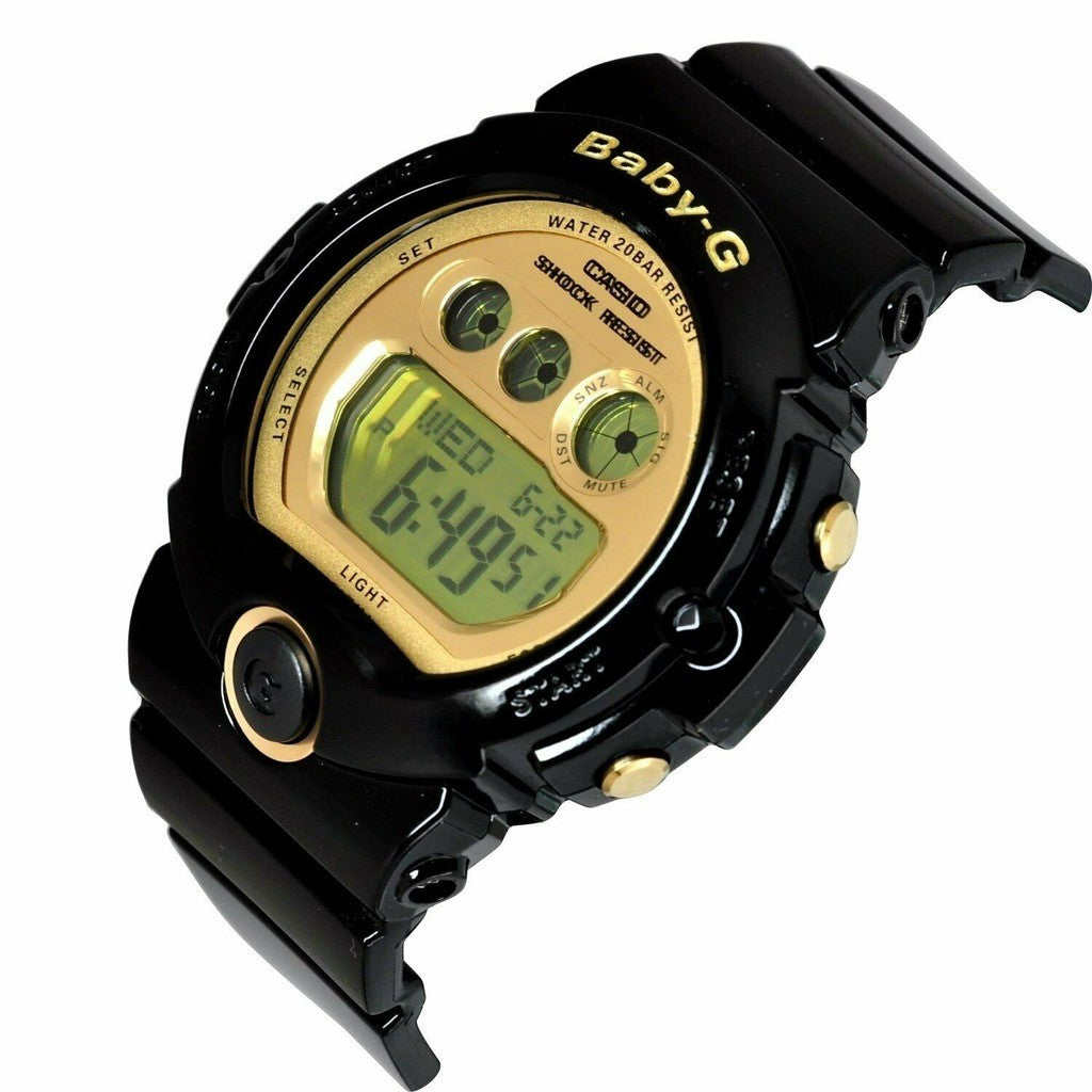 Digi Bear Casio Baby-G BG-6901-1DR digital sports watch in black resin with a metallic gold face and LCD display