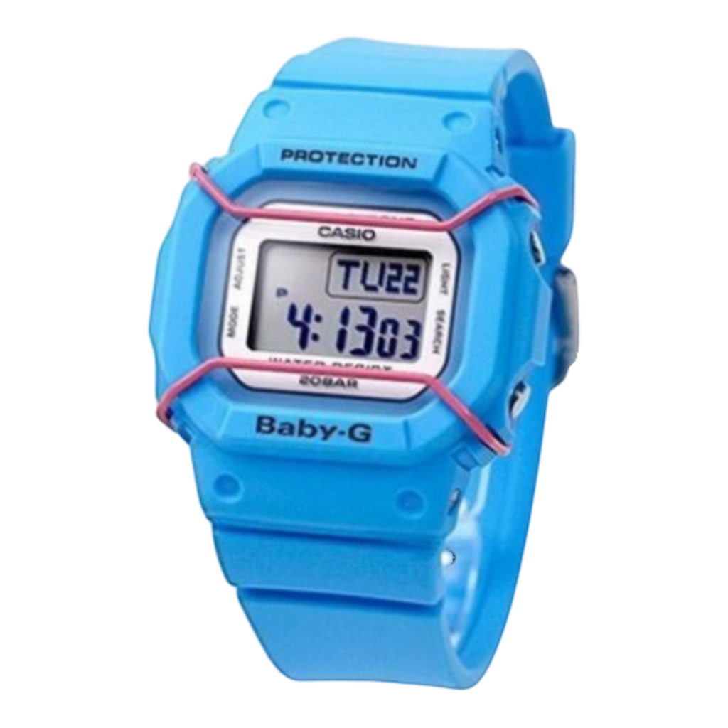 Digi Bear Casio Baby-G BG-501-2DR blue digital sports watch with protective pink wire frame and resin strap