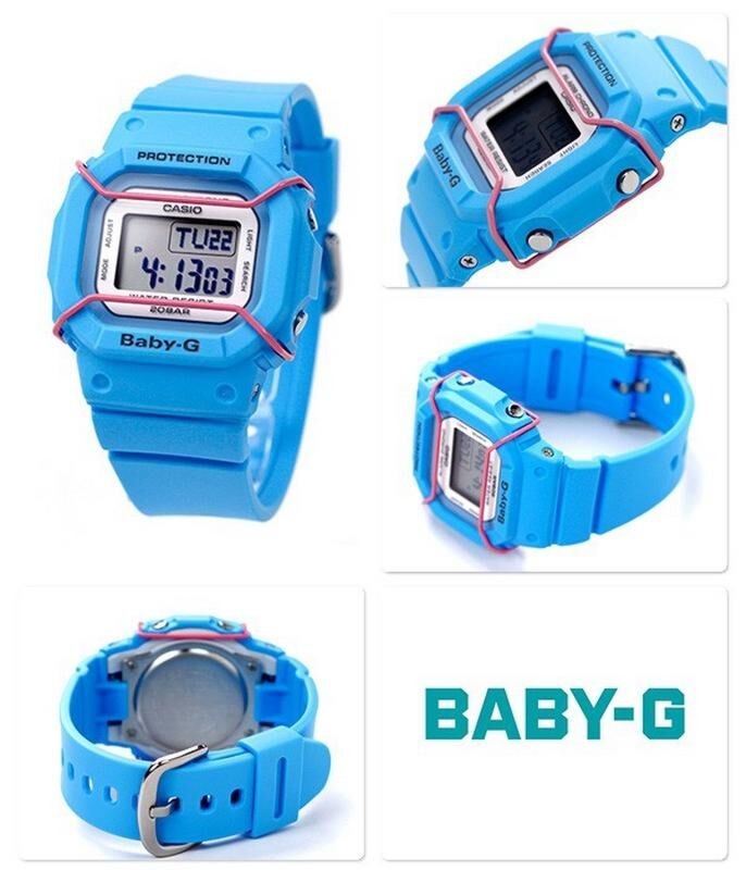 Digi Bear Casio Baby-G BG-501-2DR blue digital sports watch with protective pink wire frame and resin strap.