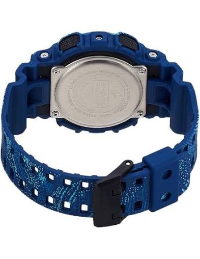 Digi Bear Casio G-Shock GA-110TX-2ADR watch showing the blue resin strap and stainless steel case back