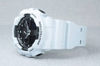 Digi Bear Casio G-Shock GA-100L-7ADR white resin sports watch with a black analog-digital dial and shock resistance.