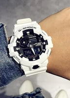 Digi Bear Casio G-Shock GA-700-7ADR white resin sports watch with analog-digital display worn on wrist