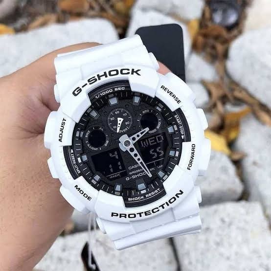 Digi Bear Casio G-Shock GA-100L-7ADR white resin sports watch with black analog-digital dial and shock resistance