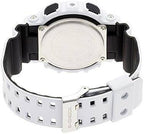 Digi Bear Casio G-Shock GA-100L-7ADR watch showing the white resin strap and stainless steel case back