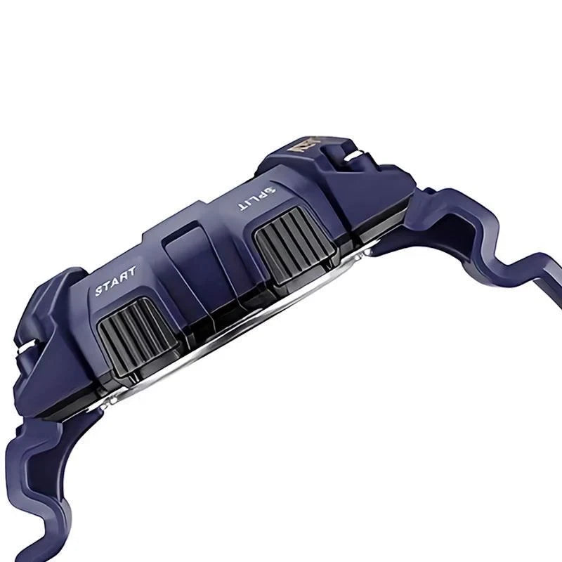 Digi Bear Casio W-735H-2AVDF quartz watch in navy blue with side view of buttons and durable resin case