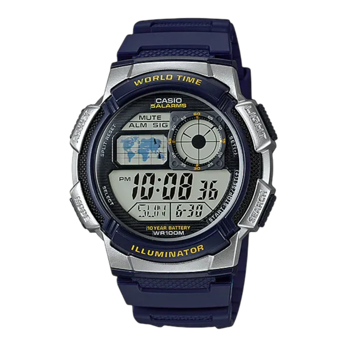 Digi Bear Casio AE-1000W-2AVDF digital watch in navy blue with world time display and durable resin strap