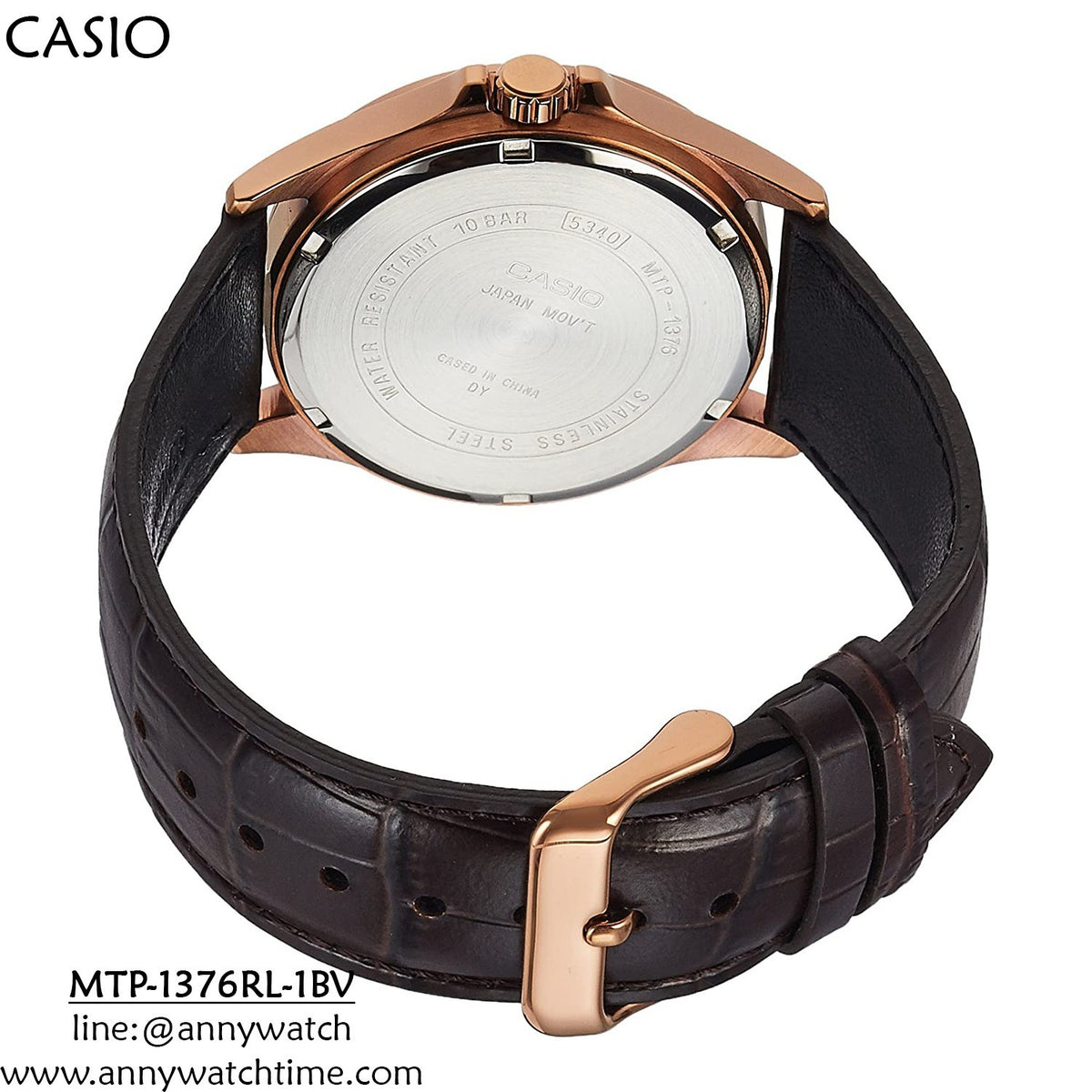 Digi Bear Casio MTP-1376RL-1BV quartz watch showing the stainless steel case back and brown leather strap