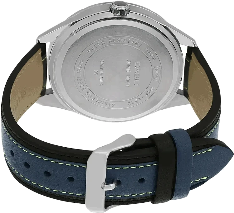 Digi Bear Casio MTP-E310L-1A3VDF quartz watch back view showing stainless steel case and blue leather strap