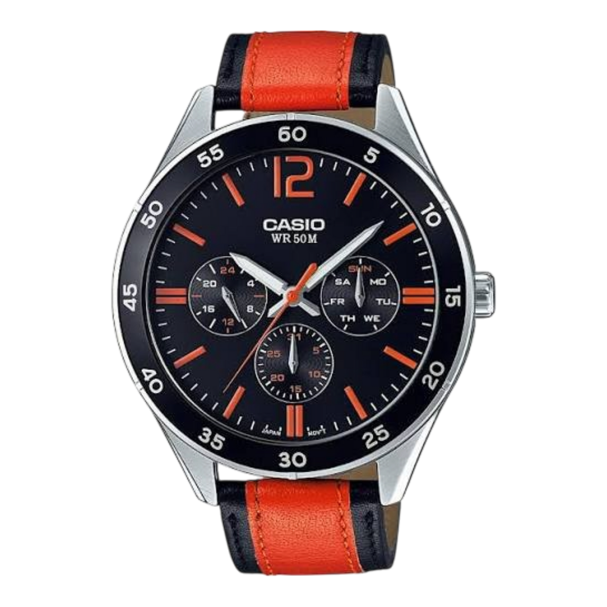 Digi Bear Casio Collection quartz watch with black dial, orange accents, and a black and orange leather strap.