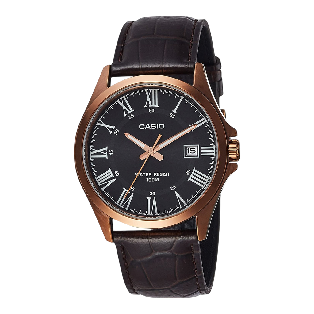 Digi Bear Casio MTP-1376RL-1BVDF quartz watch with a black dial, rose gold case, and brown leather strap.