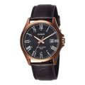 Digi Bear Casio MTP-1376RL-1BVDF quartz watch with a black dial, rose gold case, and brown leather strap.