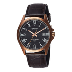 Digi Bear Casio MTP-1376RL-1BVDF quartz watch with a black dial, rose gold case, and brown leather strap.