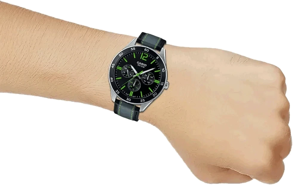 Digi Bear Casio Collection quartz watch with black dial, green accents, and grey fabric strap worn on a wrist