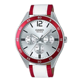 Digi Bear Casio Collection quartz watch with silver dial, red and white leather strap, and stainless steel case.