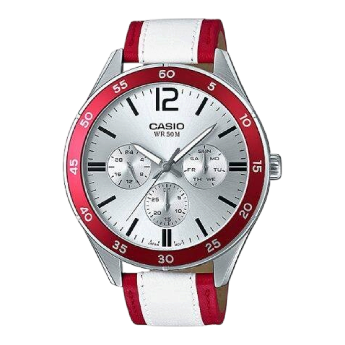 Digi Bear Casio Collection quartz watch with silver dial, red and white leather strap, and stainless steel case.