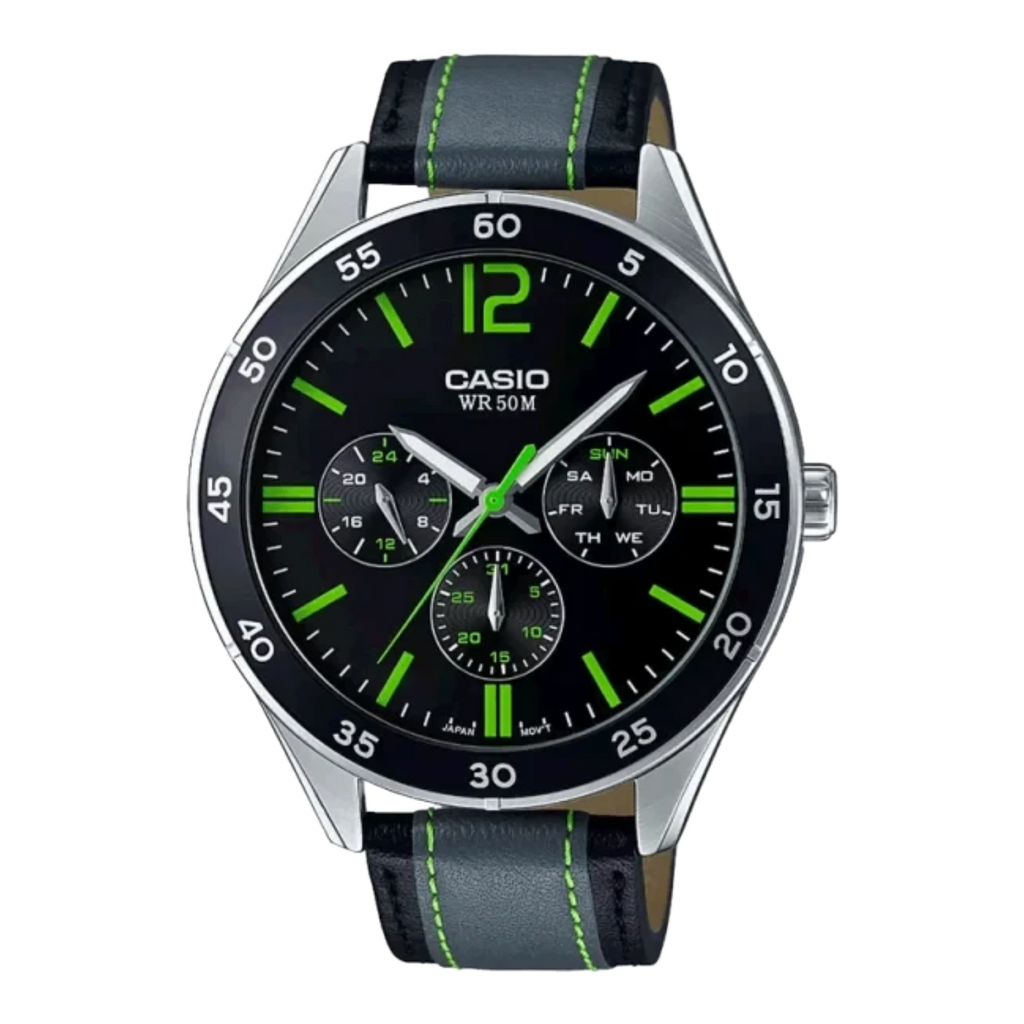 Digi Bear Casio Collection quartz watch with black dial, lime green accents, and black leather strap