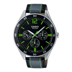 Digi Bear Casio Collection quartz watch with black dial, lime green accents, and black leather strap
