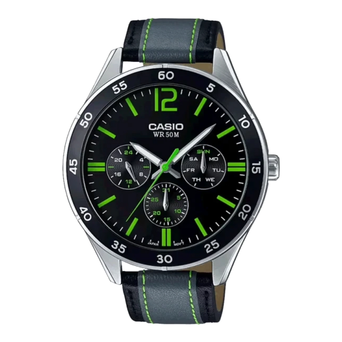 Digi Bear Casio Collection quartz watch with black dial, lime green accents, and black leather strap
