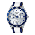 Digi Bear Casio Enticer quartz watch with silver dial, blue bezel, and white and blue leather strap