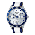 Digi Bear Casio Enticer quartz watch with silver dial, blue bezel, and white and blue leather strap