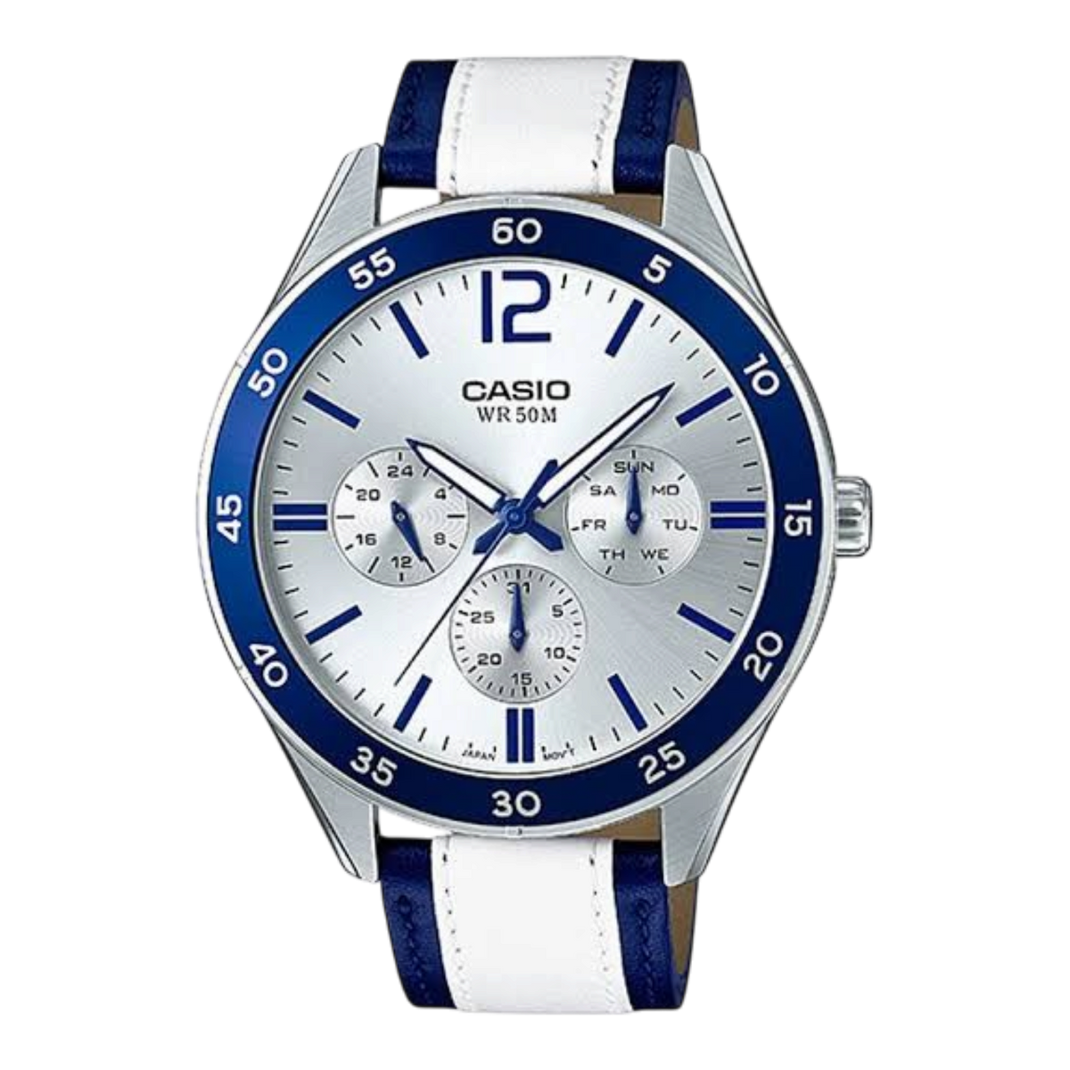Digi Bear Casio Enticer quartz watch with silver dial, blue bezel, and white and blue leather strap