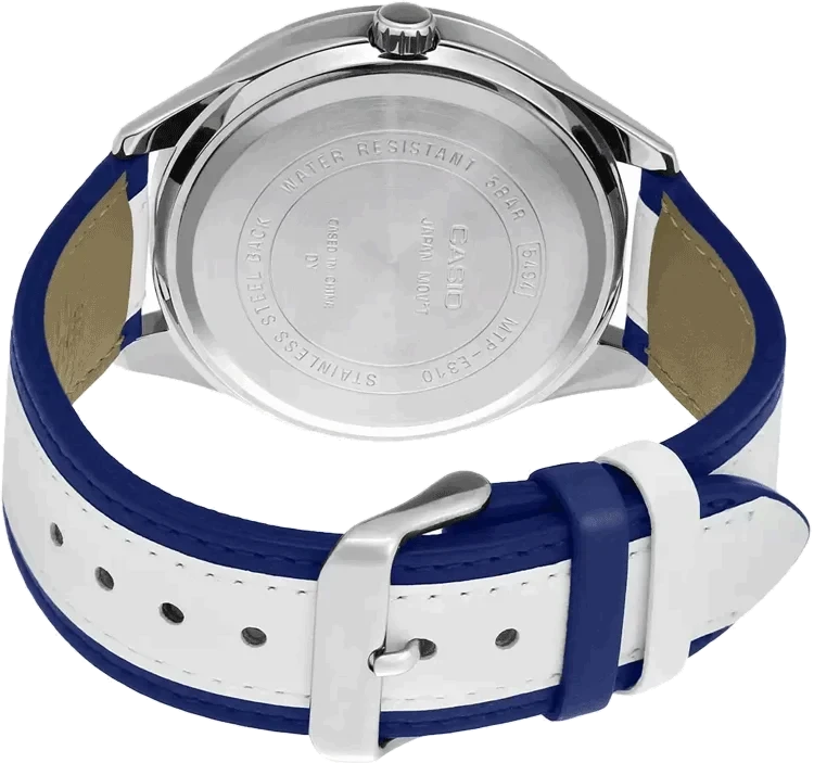 Digi Bear Casio Enticer watch case back showing stainless steel construction and blue and white leather strap