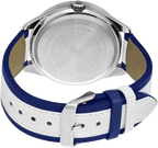 Digi Bear Casio Enticer watch case back showing stainless steel construction and blue and white leather strap