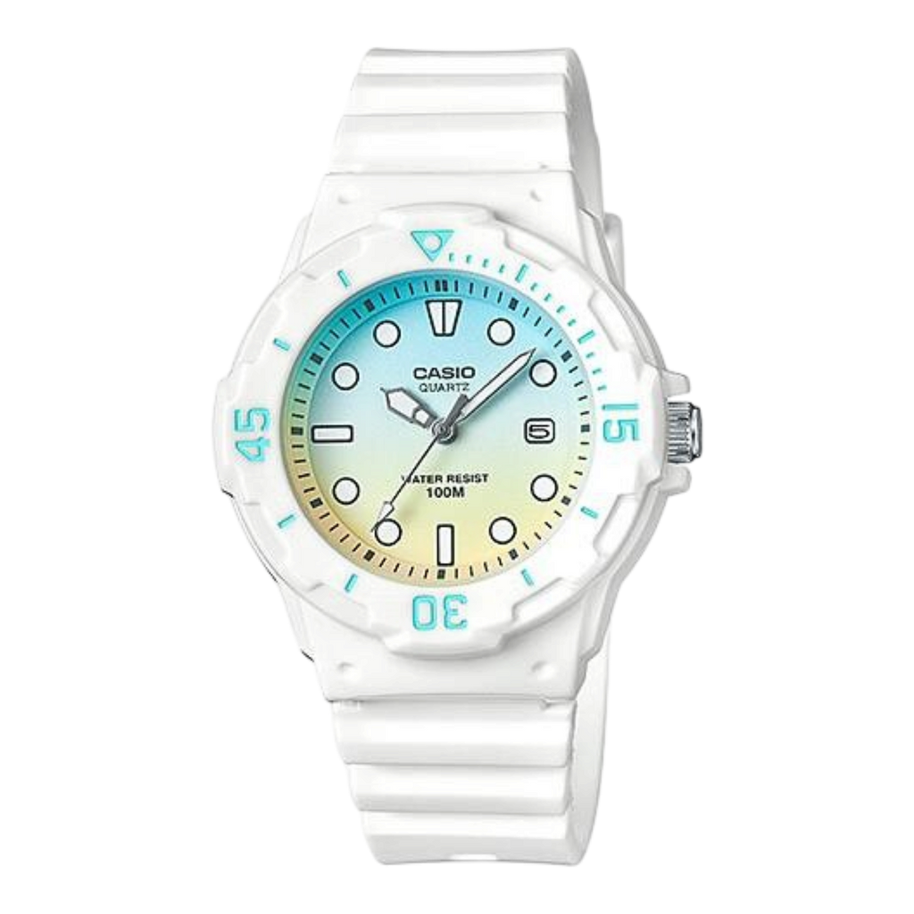 Digi Bear Casio Collection quartz watch with a white resin strap and a blue to yellow gradient dial
