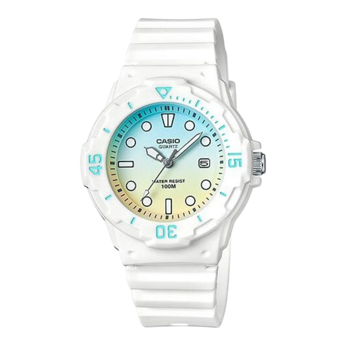 Digi Bear Casio Collection quartz watch with a white resin strap and a blue to yellow gradient dial