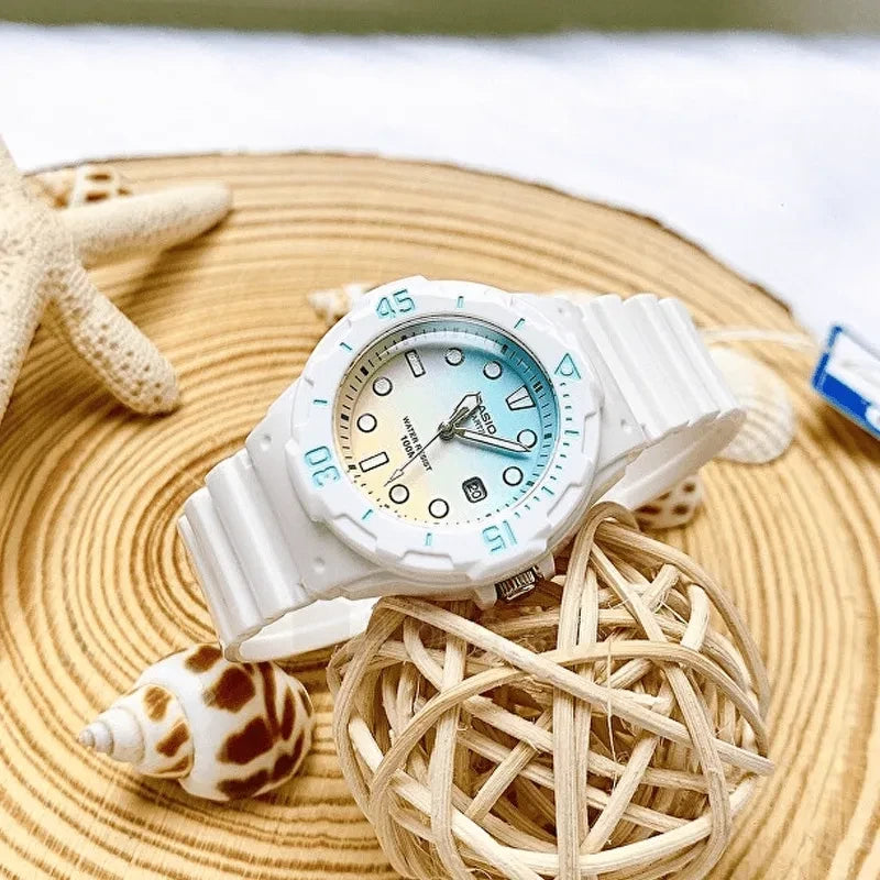 Digi Bear Casio Collection LRW-200H-2E2VDF white resin quartz watch with a blue gradient dial and rotating bezel