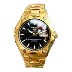 Digi Bear Seiko 5 Sports automatic watch with a gold-tone stainless steel case and bracelet and a black dial