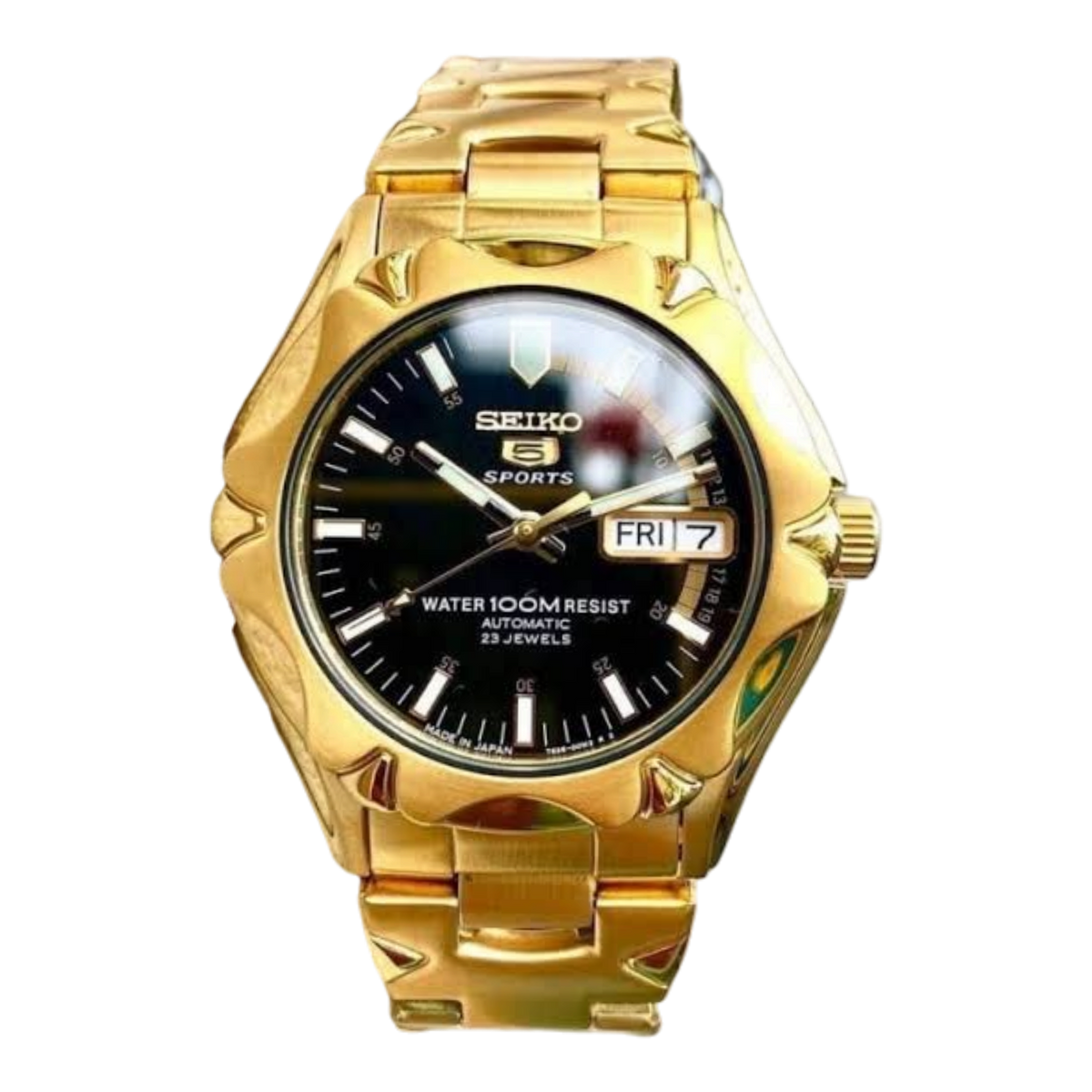 Digi Bear Seiko 5 Sports automatic watch with a gold-tone stainless steel case and bracelet and a black dial