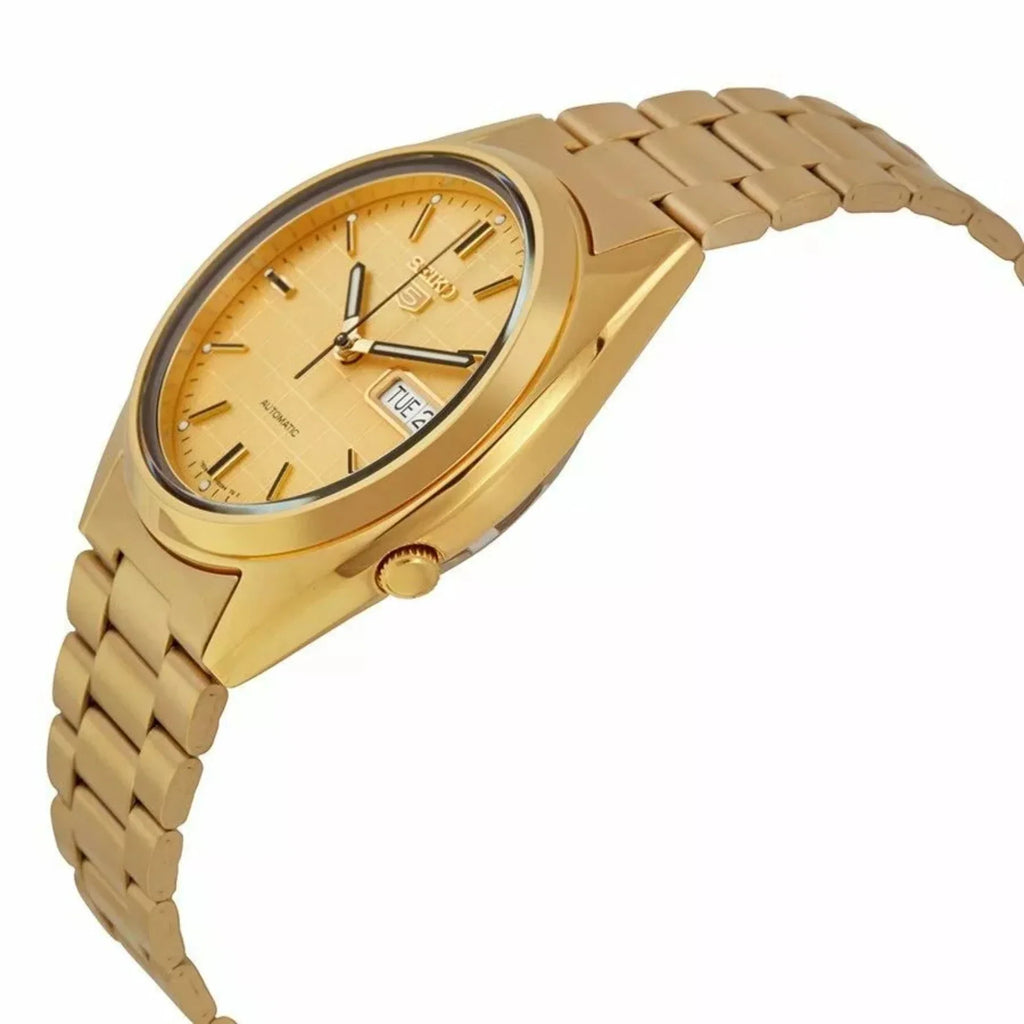 Digi Bear Seiko 5 SNXL72K1 automatic watch featuring a gold-tone stainless steel case, bracelet, and textured dial.