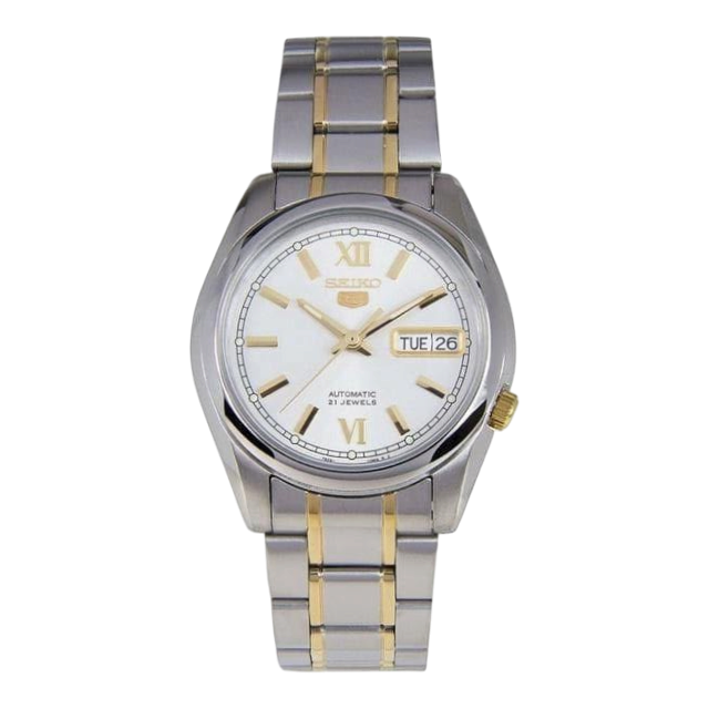Digi Bear Seiko 5 automatic watch with a white dial, gold-tone accents, and a two-tone stainless steel bracelet.