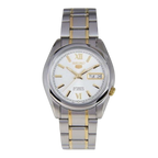 Digi Bear Seiko 5 automatic watch with a white dial, gold-tone accents, and a two-tone stainless steel bracelet.