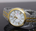 Digi Bear Seiko 5 automatic watch with a white dial, gold Roman numerals, and a two-tone silver and gold bracelet.