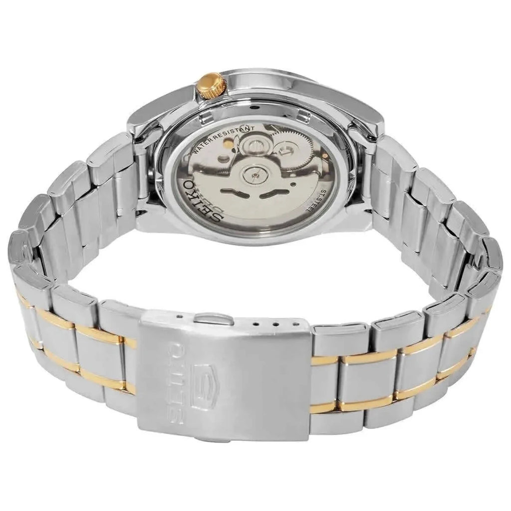 Digi Bear Seiko 5 SNKL57K1 automatic watch showing the stainless steel two-tone bracelet and exhibition case back