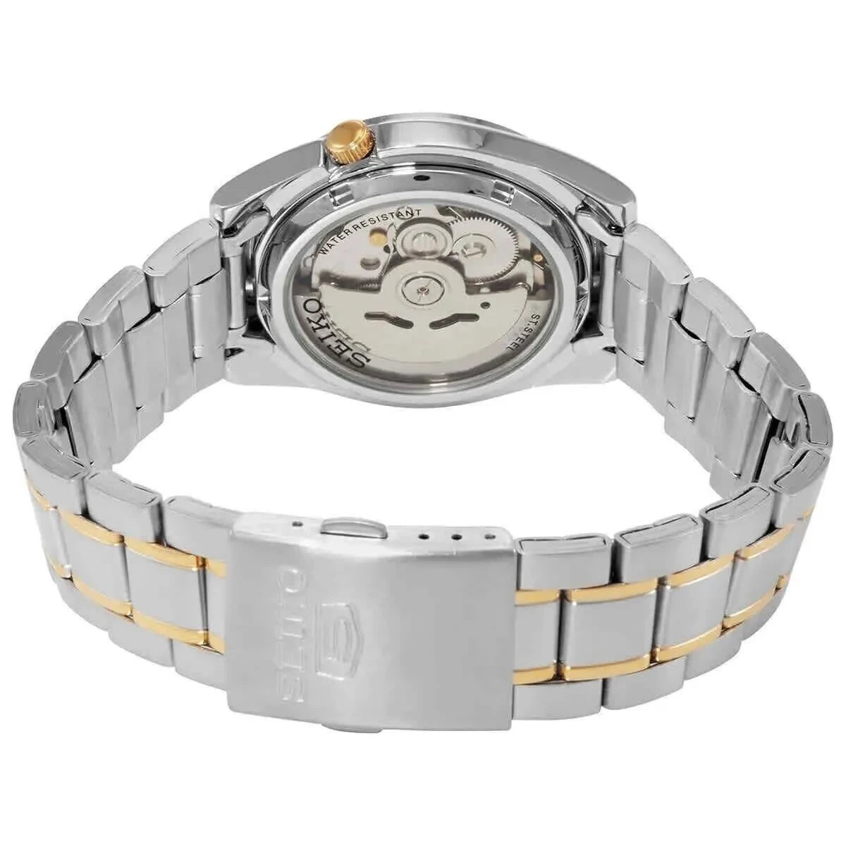 Digi Bear Seiko 5 SNKL57K1 automatic watch showing the stainless steel two-tone bracelet and exhibition case back