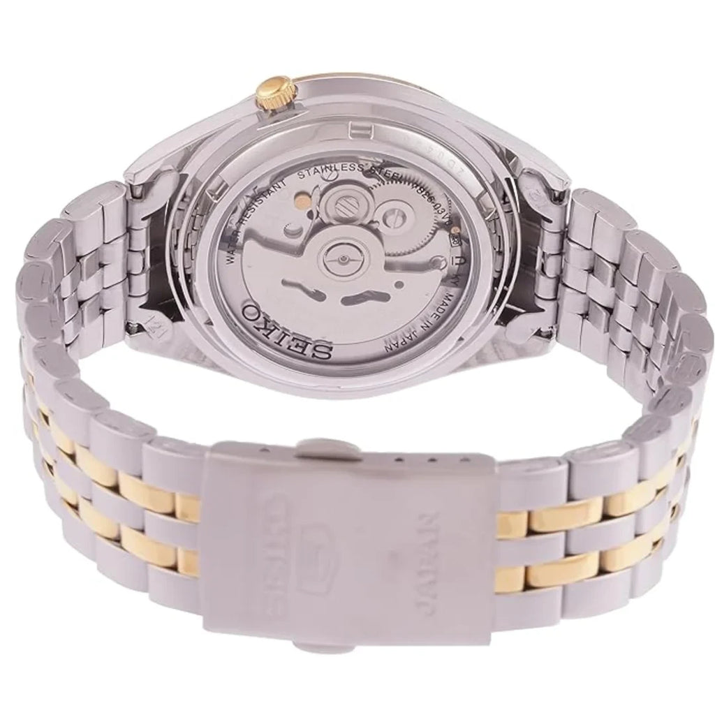 Digi Bear Seiko SNKL36J1 automatic watch showing the stainless steel exhibition case back and two-tone bracelet