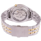 Digi Bear Seiko SNKL36J1 automatic watch showing the stainless steel exhibition case back and two-tone bracelet