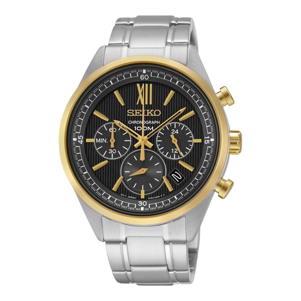 Digi Bear Seiko SSB156P1 chronograph watch with a black dial, gold accents, and a stainless steel bracelet.