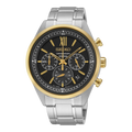 Digi Bear Seiko SSB156P1 chronograph watch with a black dial, gold accents, and a stainless steel bracelet.