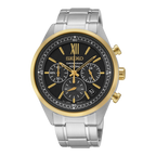 Digi Bear Seiko SSB156P1 chronograph watch with a black dial, gold accents, and a stainless steel bracelet.