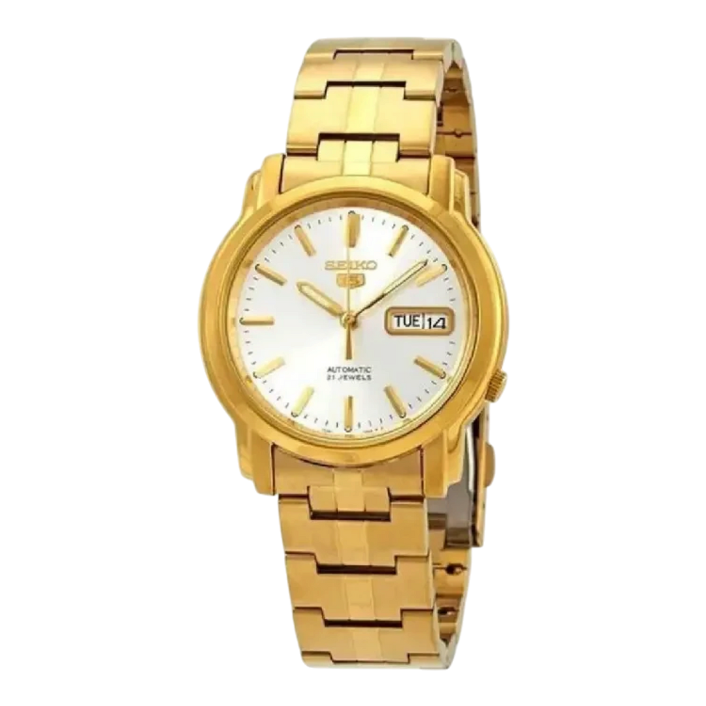 Digi Bear Seiko 5 SNKK74K1 automatic watch with a gold-tone stainless steel band and white dial