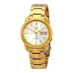 Digi Bear Seiko 5 SNKK74K1 automatic watch with a gold-tone stainless steel band and white dial